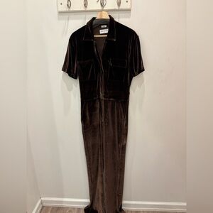 Rivet Utility Velvet Jumpsuit in Rich Brown